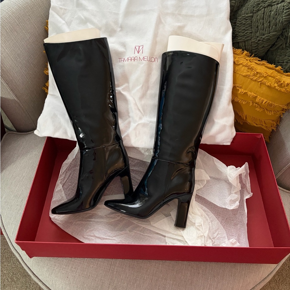 Tamara Mellon Black Patent Leather Heeled Boots